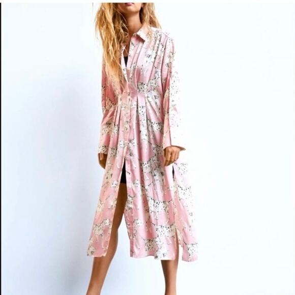 ZARA DALMATIAN DOG PRINTED Long Shirt Dress Size Medium Blogger Favorite Pink - Picture 1 of 16